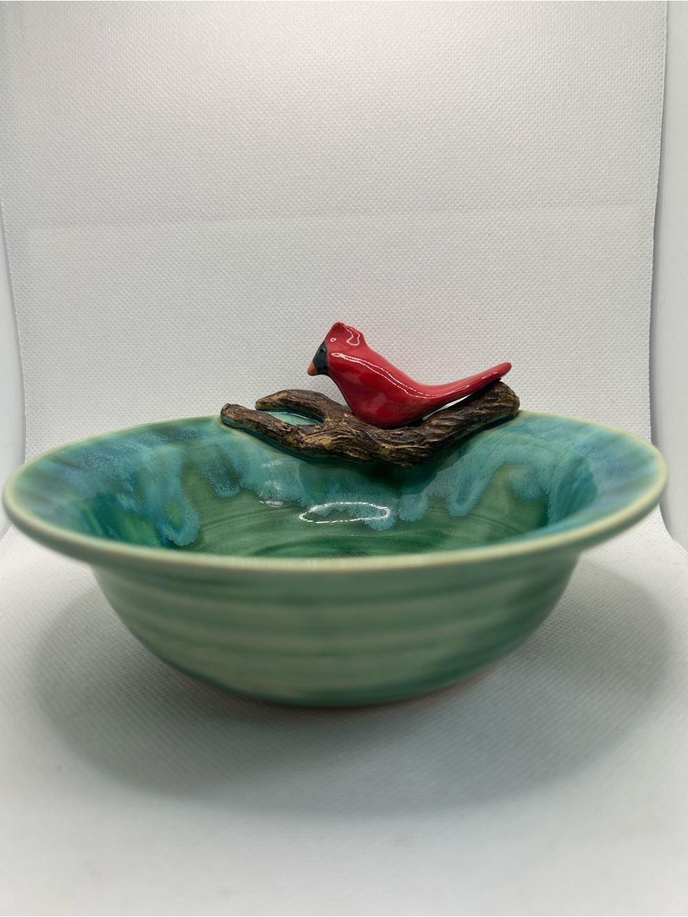 Donkey Flight Pottery Bowl Cardinal Branch Green Glaze Signed 6.5 Inch